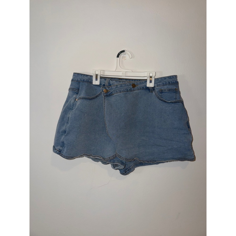 Womens Asymmetric Denim Skort Blue Medium Wash Scalloped Hem Size XL Stretch